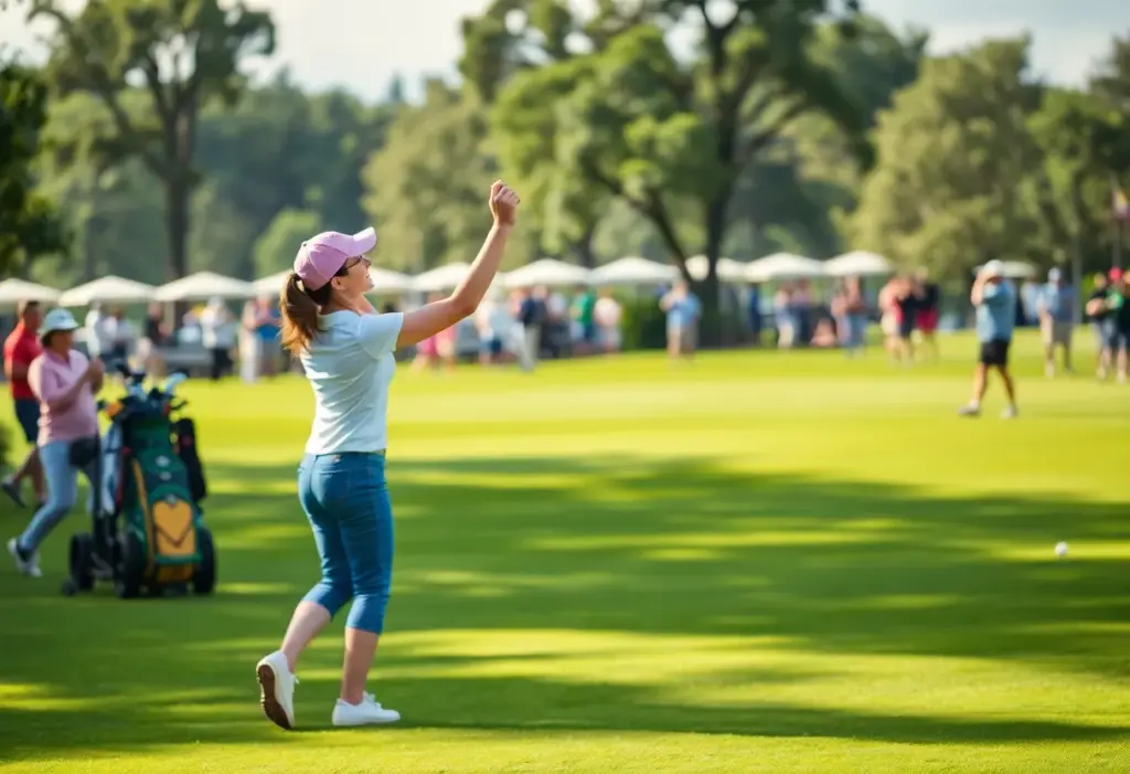 Female golfer celebrating victory on a golf course