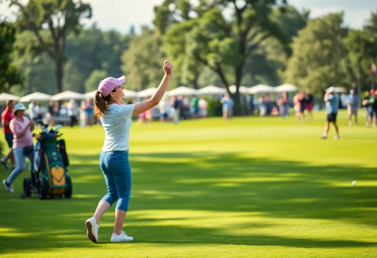 Female golfer celebrating victory on a golf course
