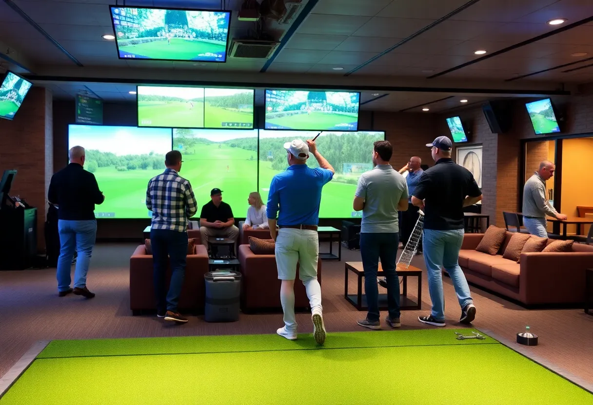 Interior of Five Iron Golf with simulators and guests