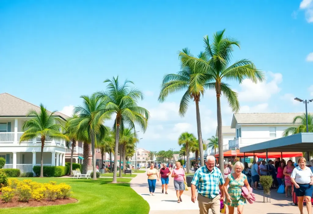 Sunny Florida retirement town with happy seniors and palm trees