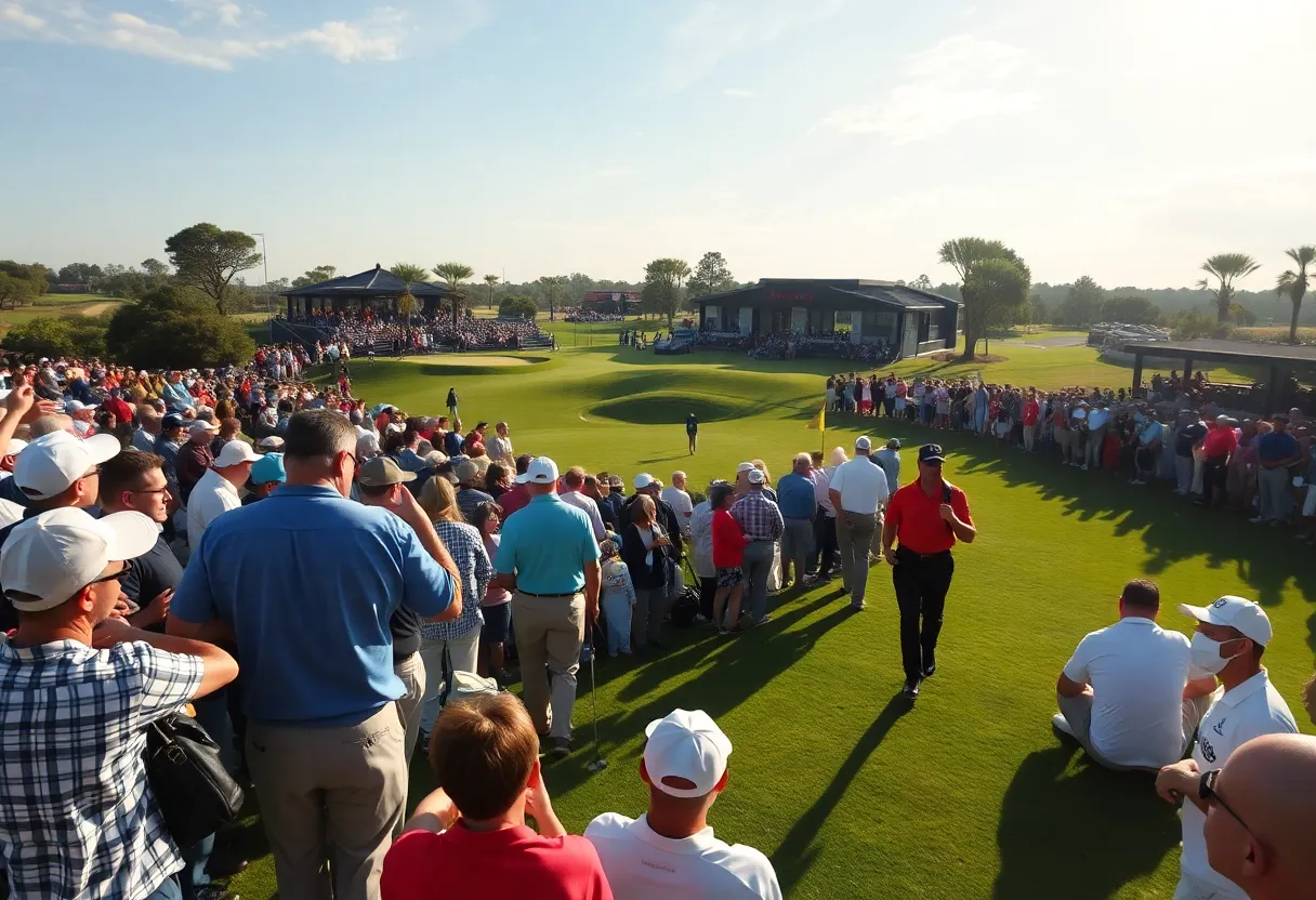 A lively scene at the Genesis Invitational with players and fans engaged in the tournament.