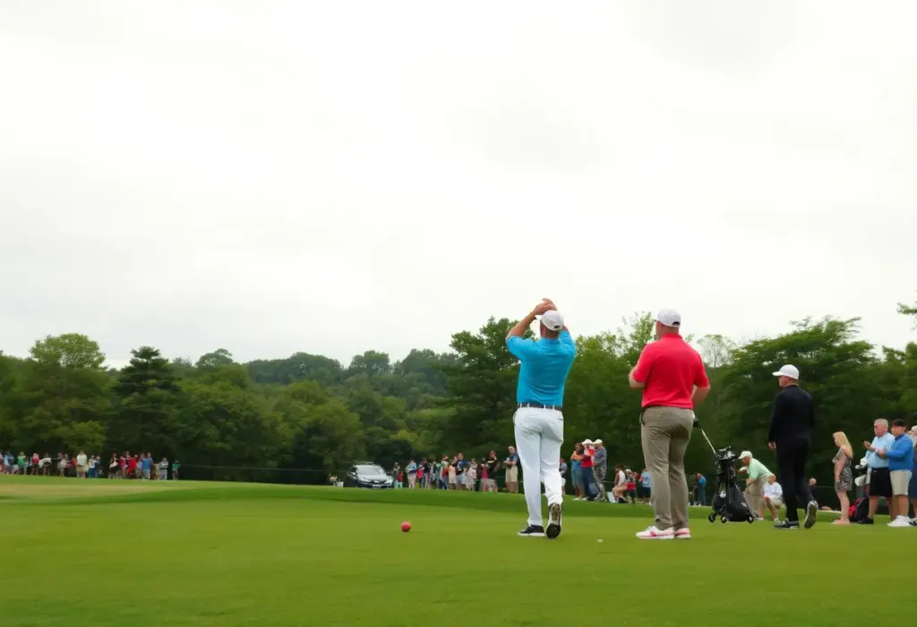 Players competing in the Genesis Invitational golf tournament under cloudy skies.