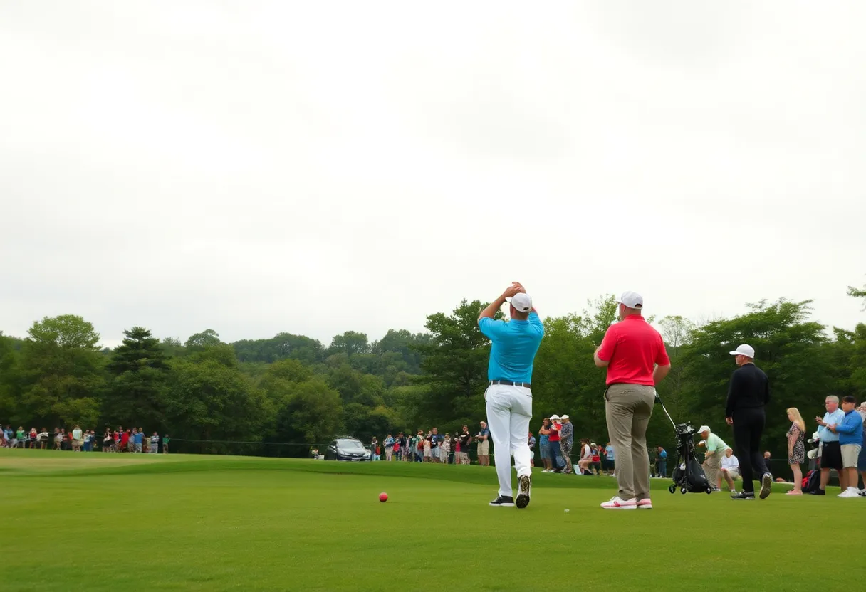 Players competing in the Genesis Invitational golf tournament under cloudy skies.