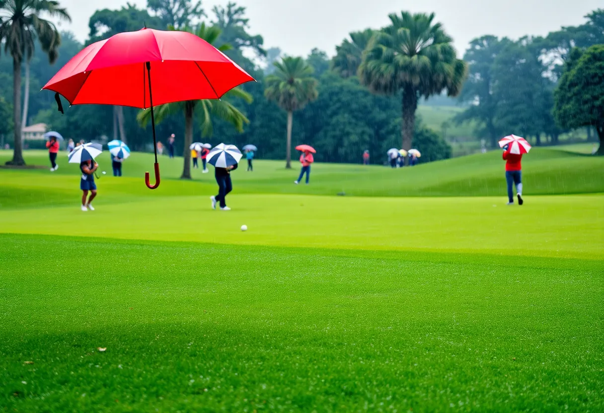 Golfers on a rain-soaked course during the Genesis Invitational