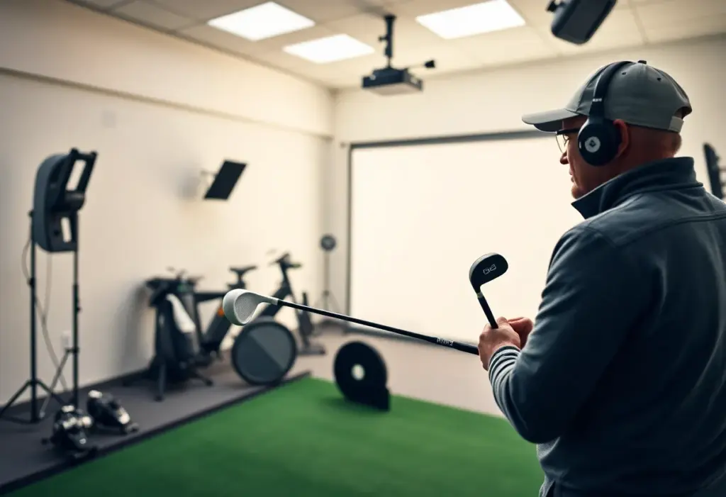 A golfer getting fitted for clubs using a high-tech simulator.