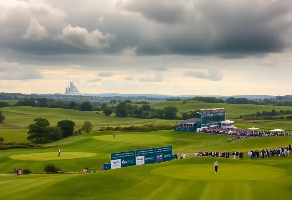 View of a historic golf course with players and spectators