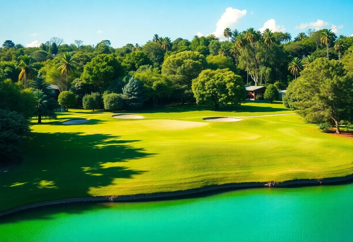 A beautiful golf course with scenic views, representing golf travel.