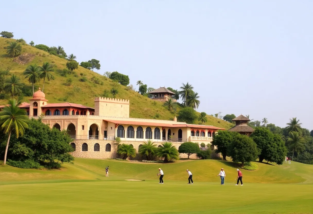 A vibrant golf course showcasing lush greens and players in India.
