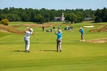 Players practicing golf swings on a lush green course