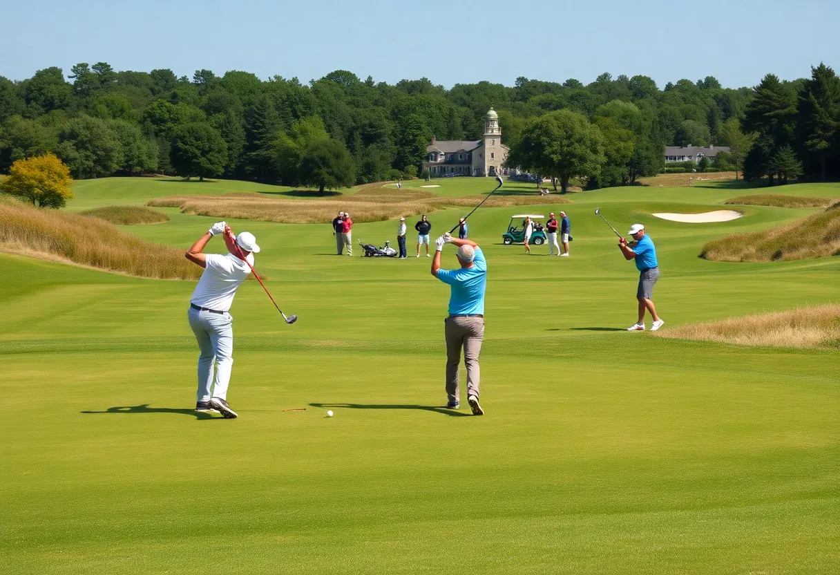 Players practicing golf swings on a lush green course