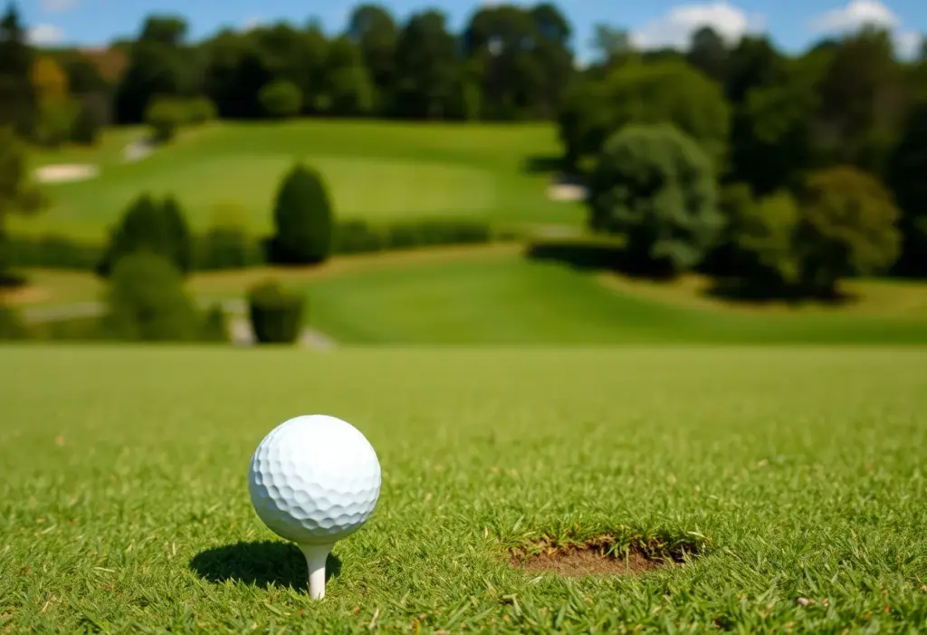 A picturesque golf course with blue skies and a golf tee