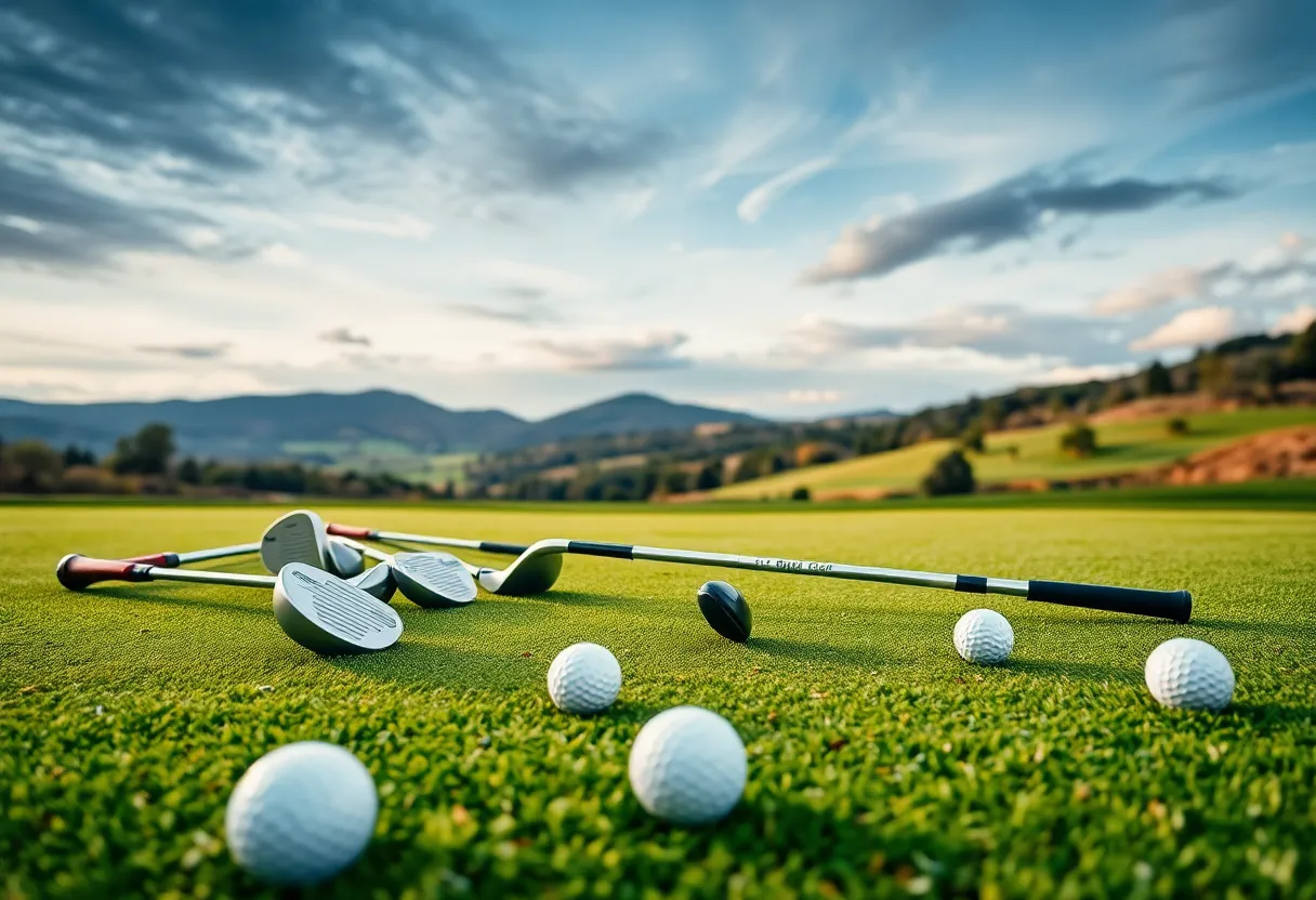 Golf clubs and balls on a picturesque golf course