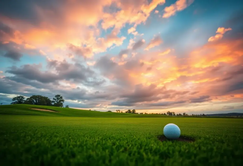 Golf ball on green with hole and dramatic skies