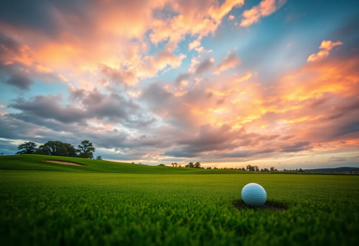 Golf ball on green with hole and dramatic skies