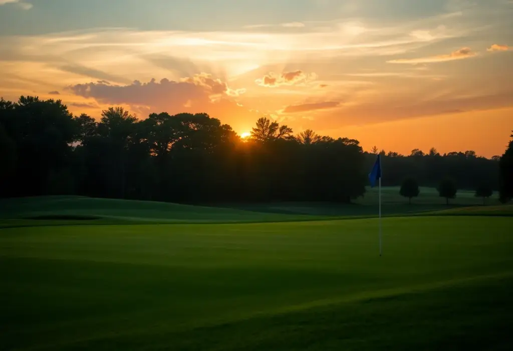 Scenic view of a golf course during sunset