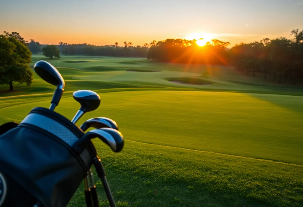 Sunset view of a lush golf course with golf equipment in the foreground.