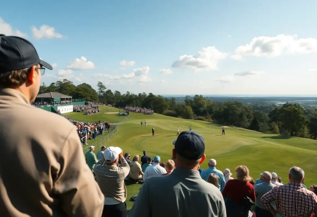 Scenic golf course with fans watching an ongoing tournament