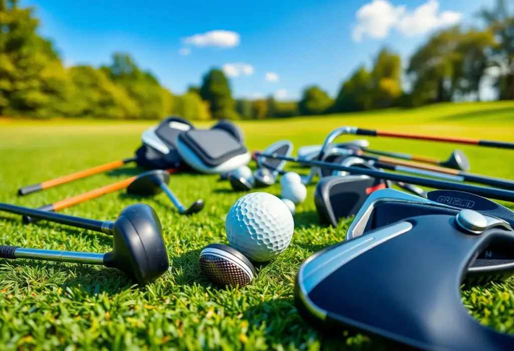 Assorted golf clubs and equipment on a golf course