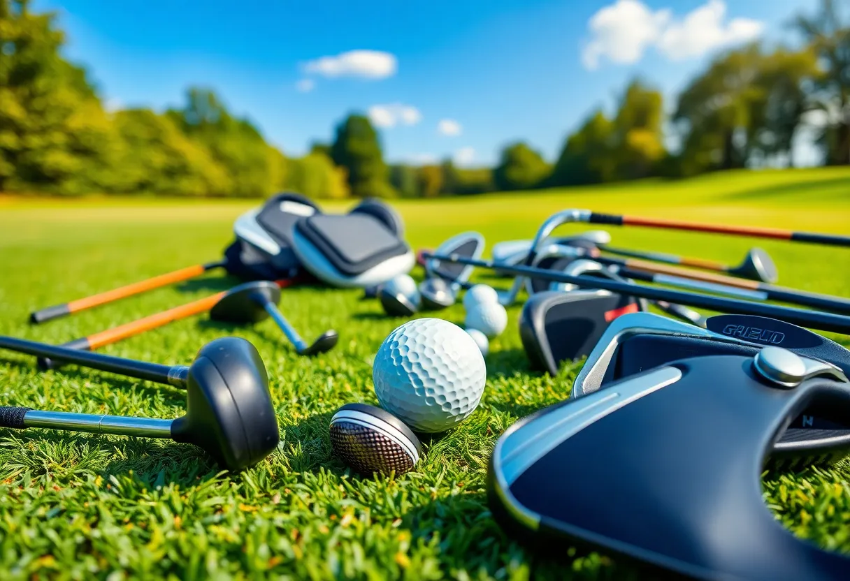 Assorted golf clubs and equipment on a golf course