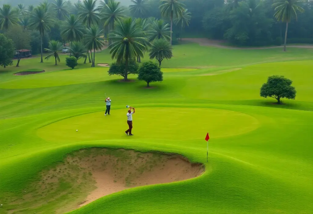 A beautiful Indian golf course with players practicing.