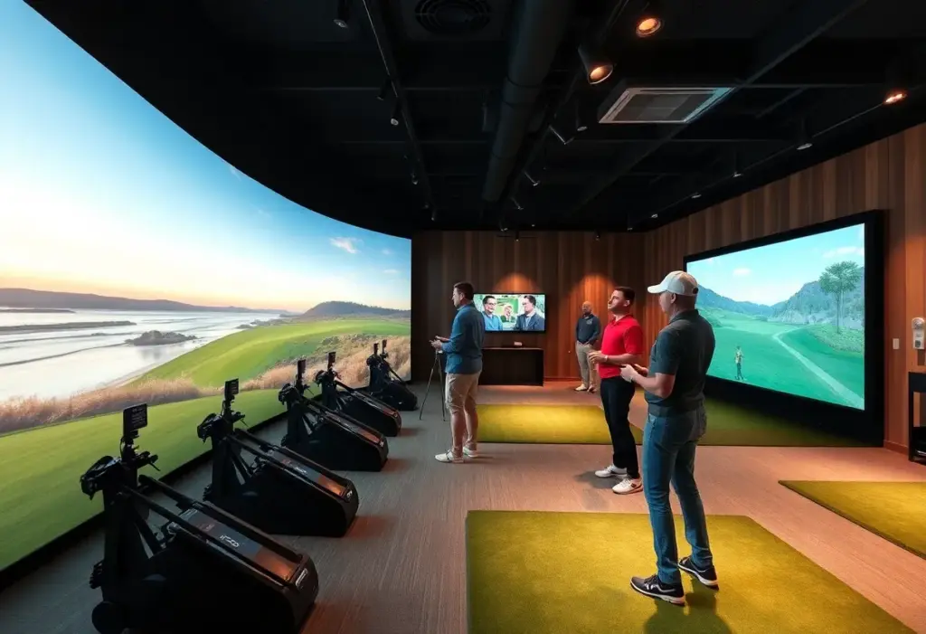 Interior view of a golf simulator lounge with advanced technology at Pebble Beach
