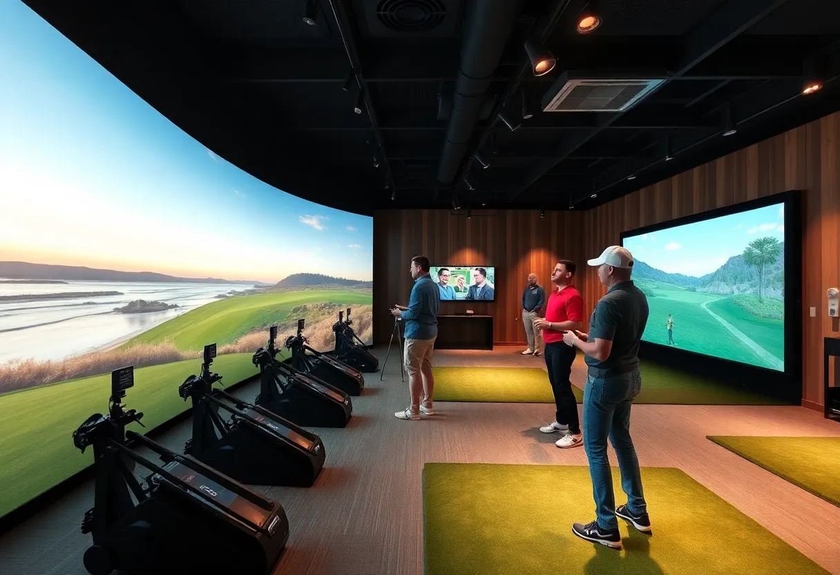 Interior view of a golf simulator lounge with advanced technology at Pebble Beach