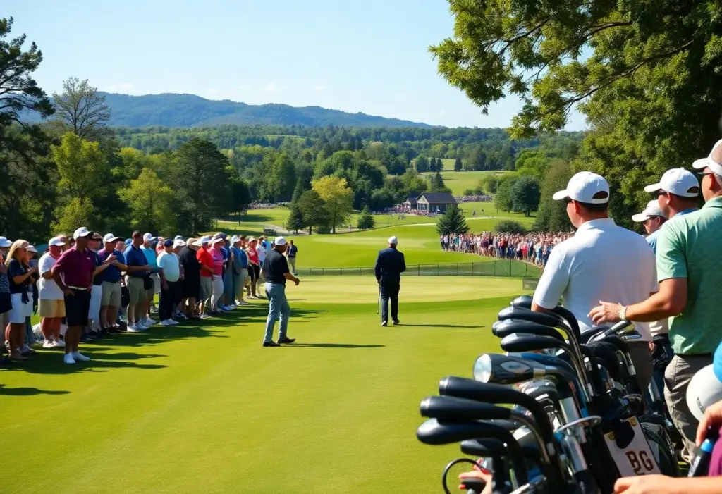 Players competing in a golf tournament amidst a picturesque landscape.