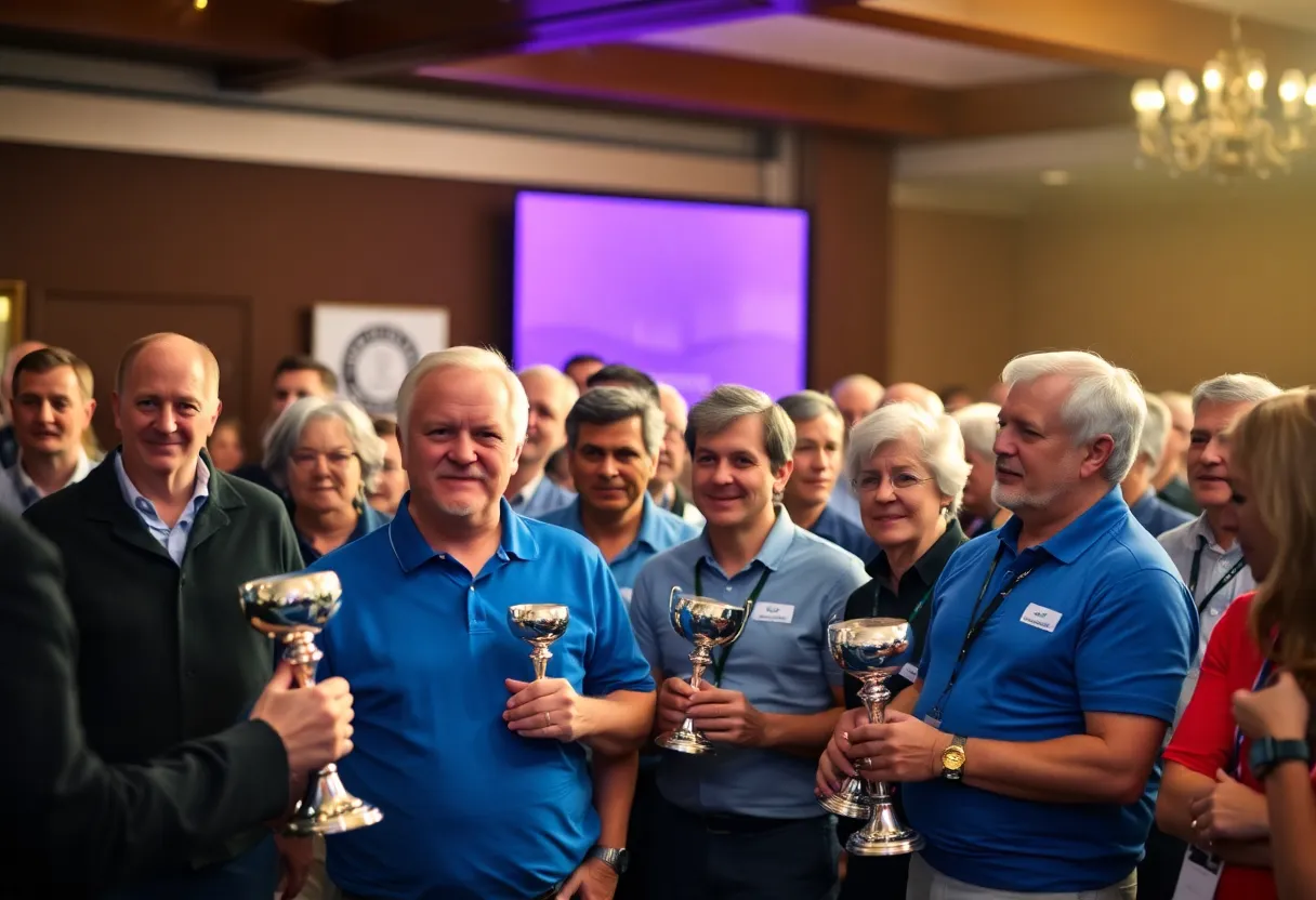 Writers celebrating at the GWAA Awards ceremony with trophies