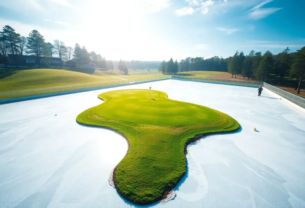 A golf course transitioning into a curling rink, representing the fusion of sports.