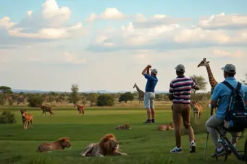 Golfers enjoying a tournament in Nairobi National Park amid wildlife.