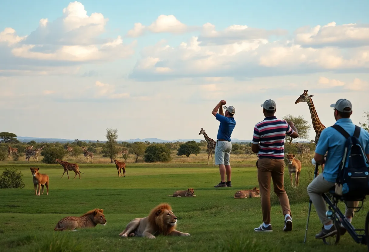 Golfers enjoying a tournament in Nairobi National Park amid wildlife.
