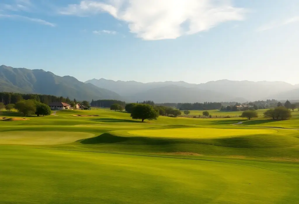 A scenic view of a golf course at Lake Chelan with players enjoying a sunny day.