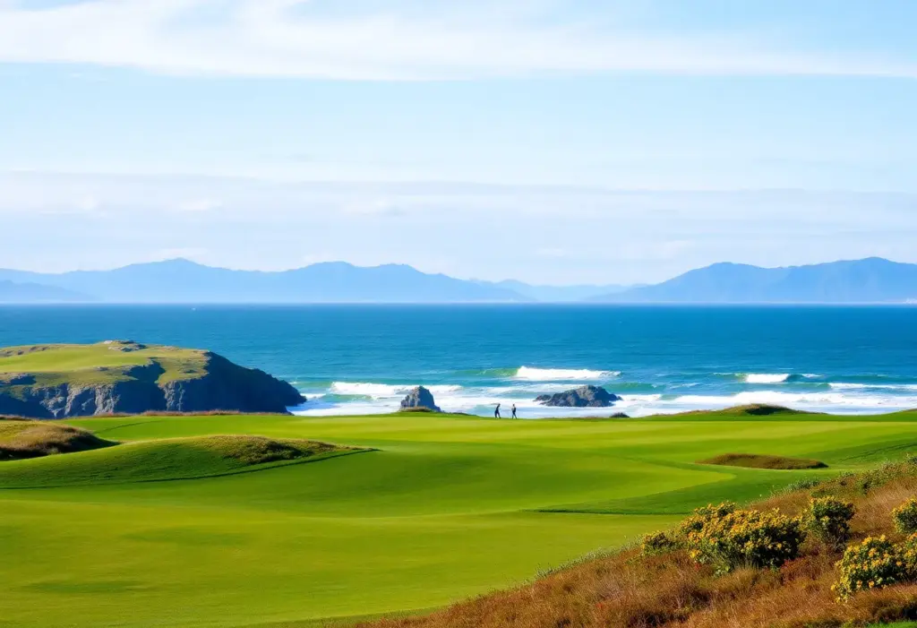 A picturesque golf course in Maine with mountains and ocean views