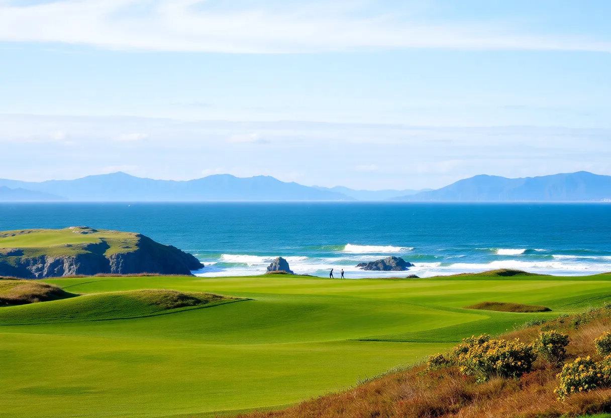 A picturesque golf course in Maine with mountains and ocean views