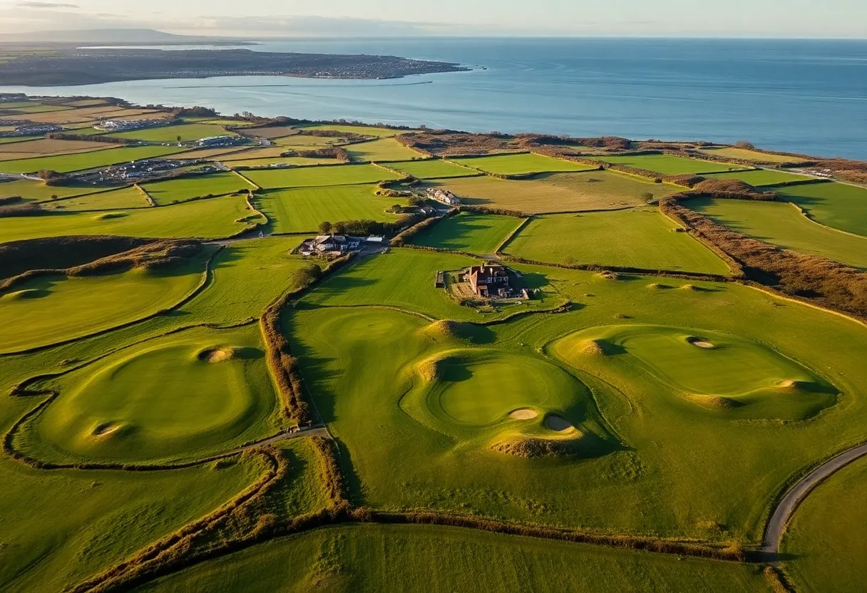 Aerial view of Gullane Golf Club with all three courses and beautiful scenery.