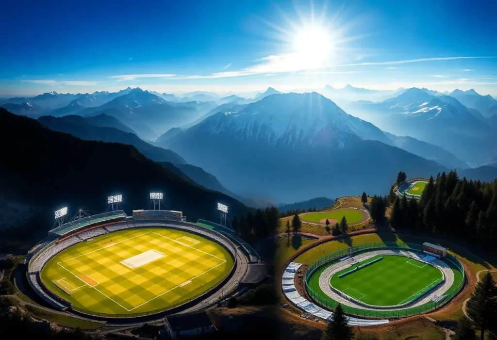 Collage of high-altitude sports venues with mountains in the background.