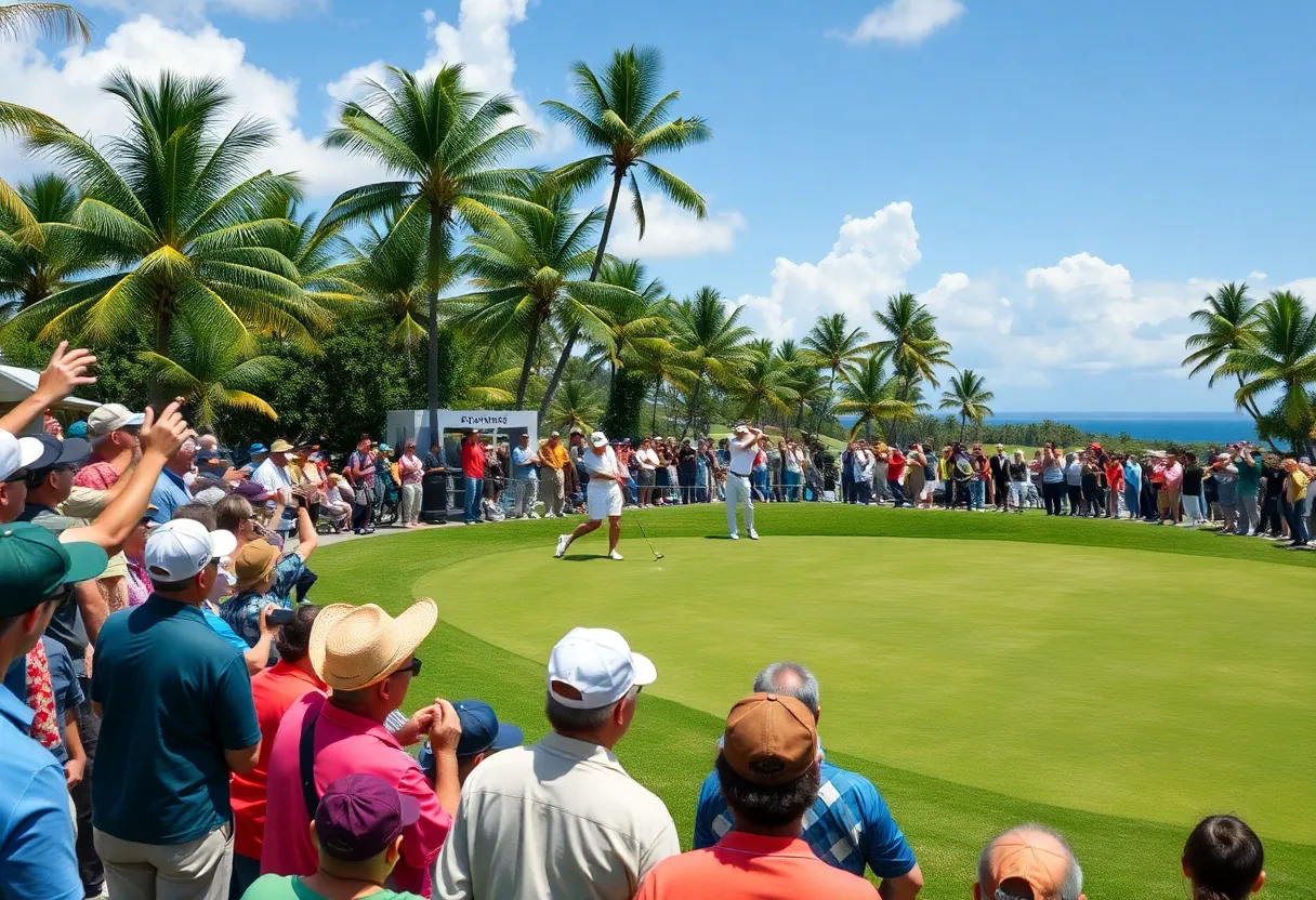 Scene from Honda LPGA Thailand golf tournament with fans and players.