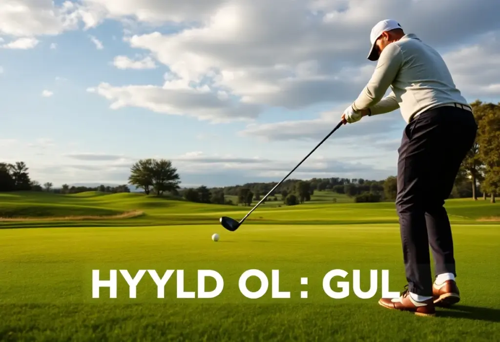 Golfer using a hybrid golf club on a scenic golf course