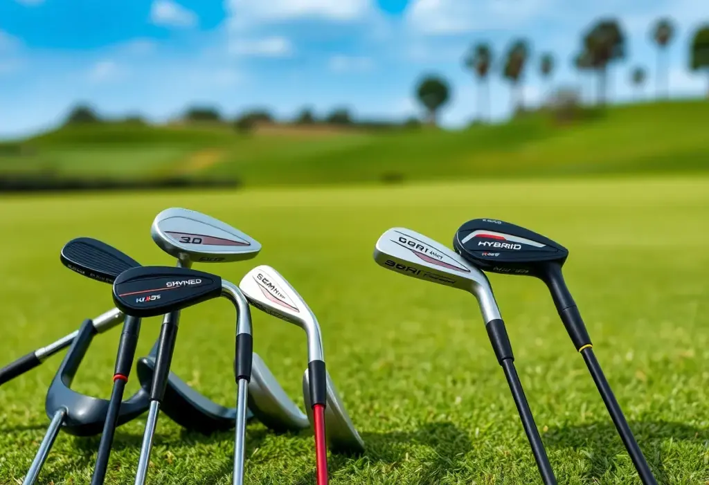 Variety of hybrid golf clubs suitable for seniors displayed on a golf course