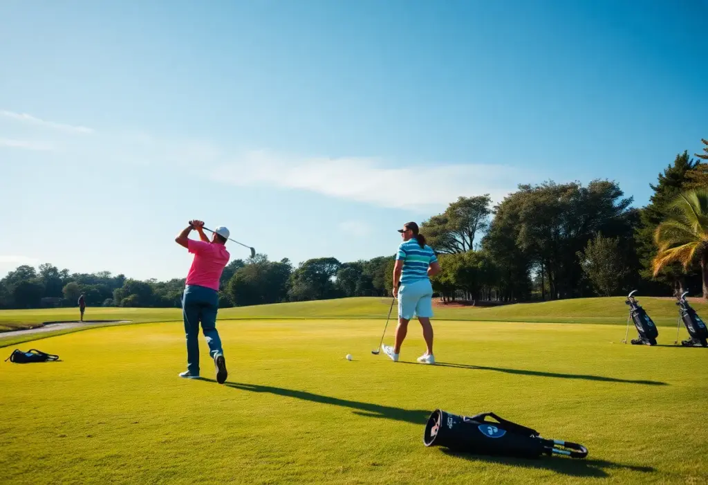 Golf players practicing at a scenic golf course