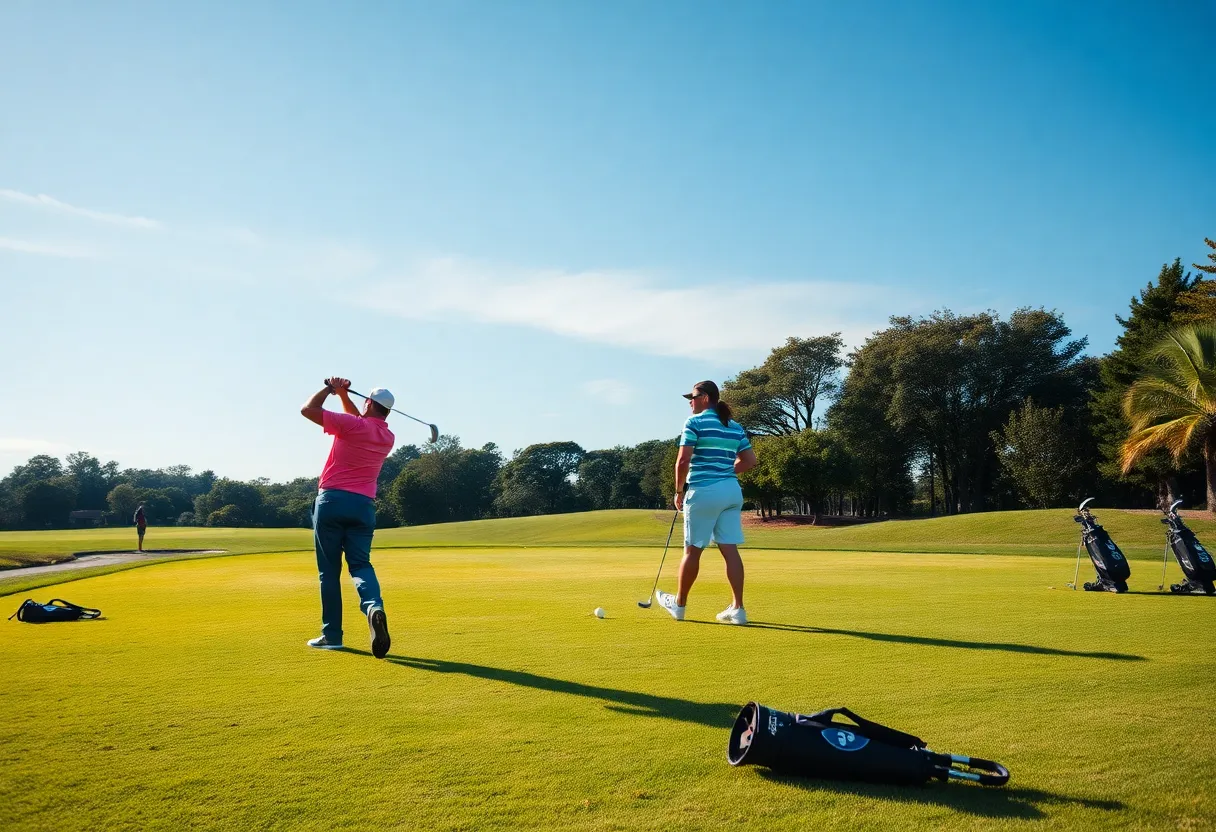 Golf players practicing at a scenic golf course