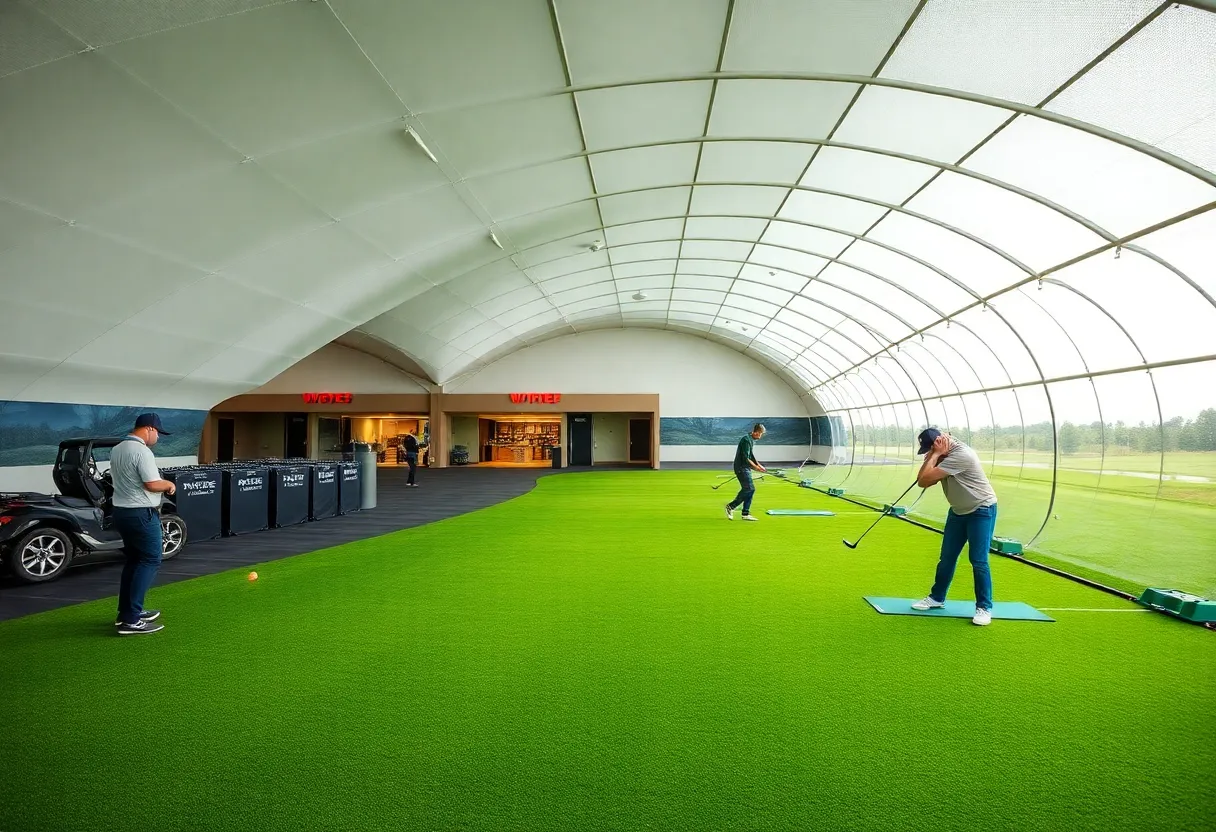 Futuristic indoor golf facility with domes and golfers