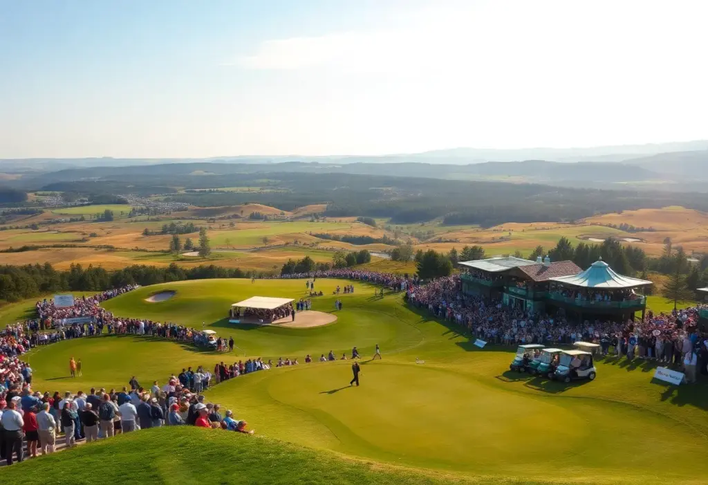 A bustling golf tournament scene at the Irish Open with spectators and lush greens.