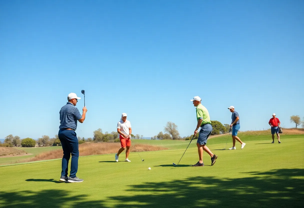 A group of golfers sharing a light-hearted moment on the course.