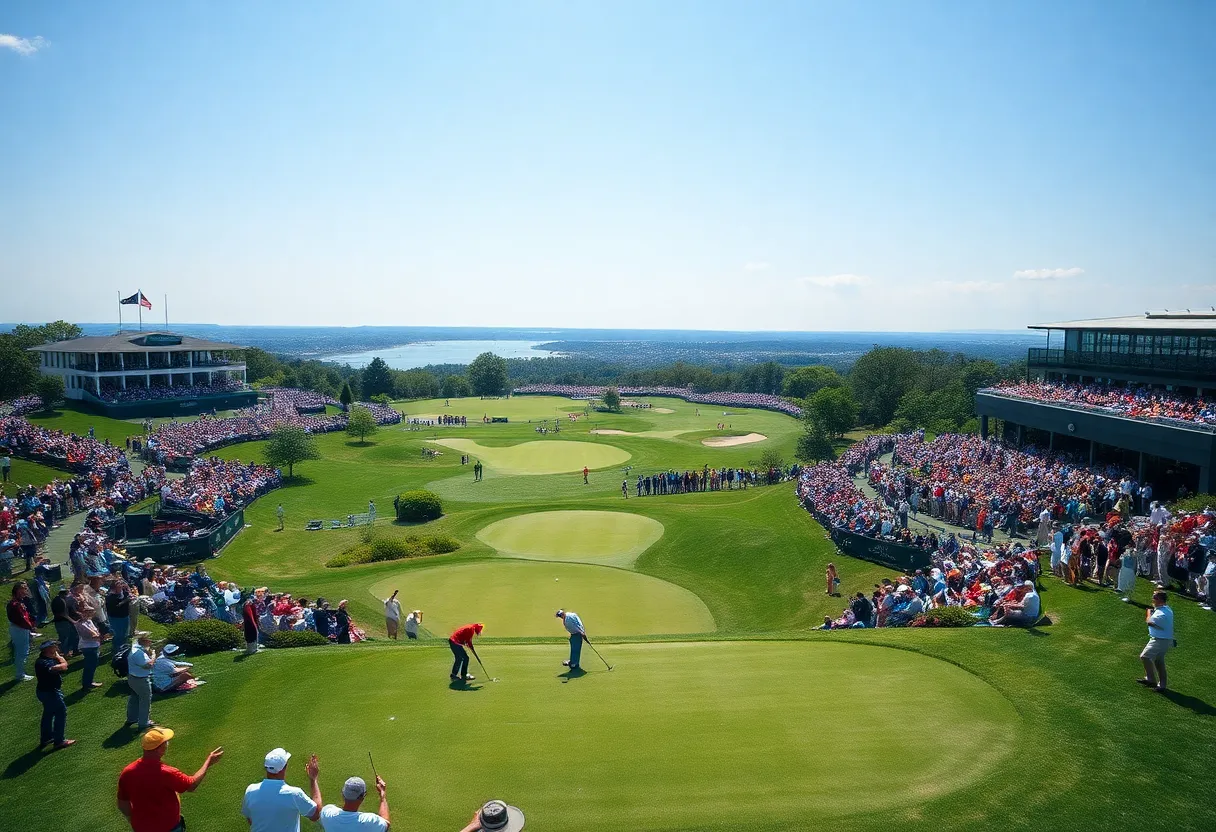 Golf tournament at Farmers Insurance Open with players and fans.