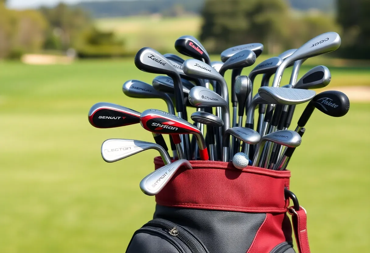 Mixed golf clubs and a golf bag on a golf course