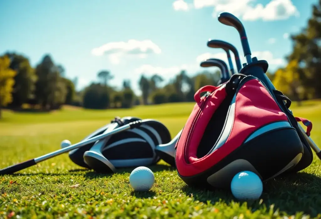 Golf course with golf clubs and balls