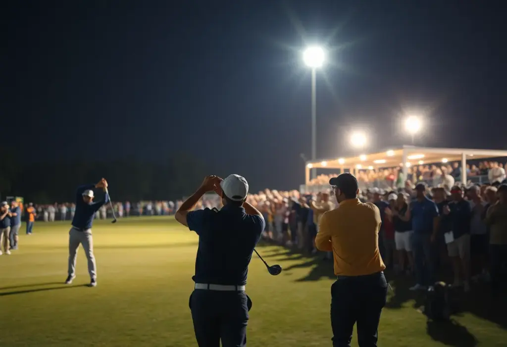 Golfers competing at the LIV Golf 2026 season opener at night in Riyadh.