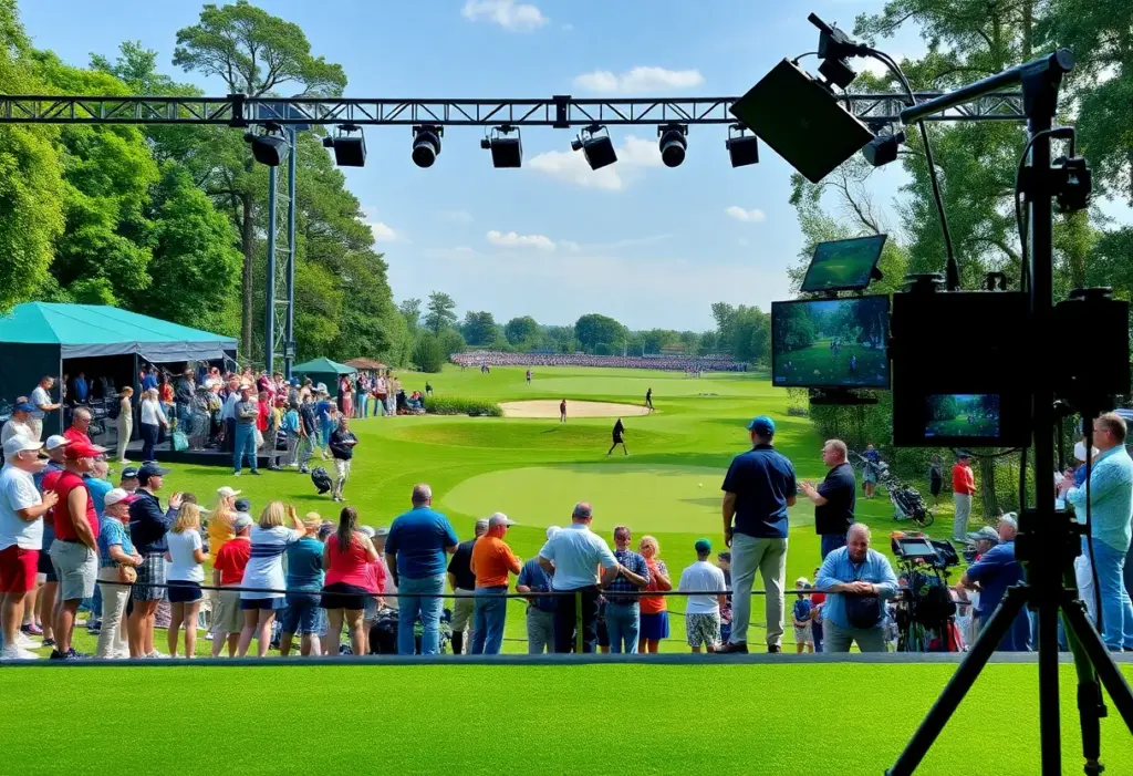 Golf fans enjoying a LIV Golf event with a modern broadcast setup.