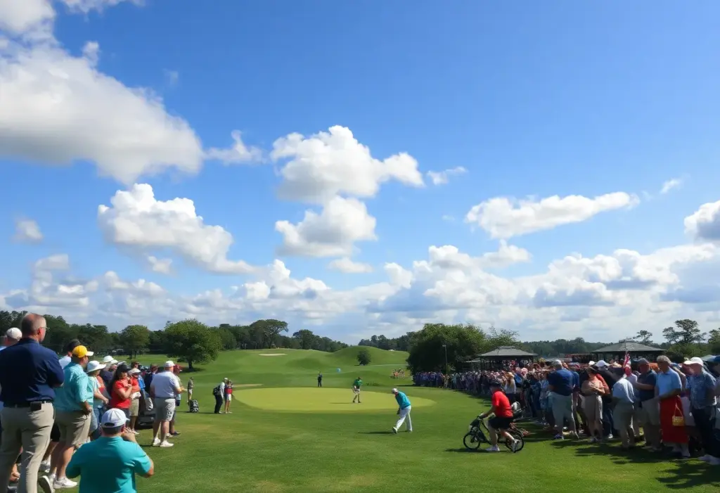 Audience watching the LIV Golf Riyadh tournament with players on the course.